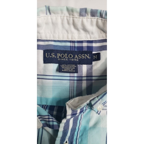 Men's US Polo Association Short Sleeve Blue Plaid Button Up Pink Horse Size Med - Picture 3 of 6